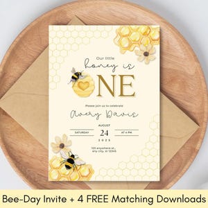 Pacchetto festa di 5 pezzi per il primo compleanno di Bee / Invito modificabile, cartello di benvenuto, menu, etichetta per bomboniere / Little Honey is One Canva Template File stampabile