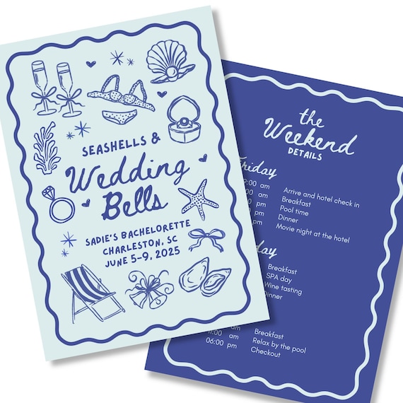 Seashells and Wedding Bells Weekend Itinerary • Beach Bachelorette Itinerary Canva Template • Coastal Trip Printable • Editable 5x7 Schedule