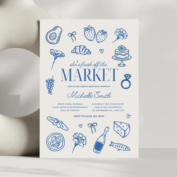 Fresh Off the Market Bridal Shower Invitation | Editable Canva Template | Farmer's Market Theme | Blue Printable Shower Invite |