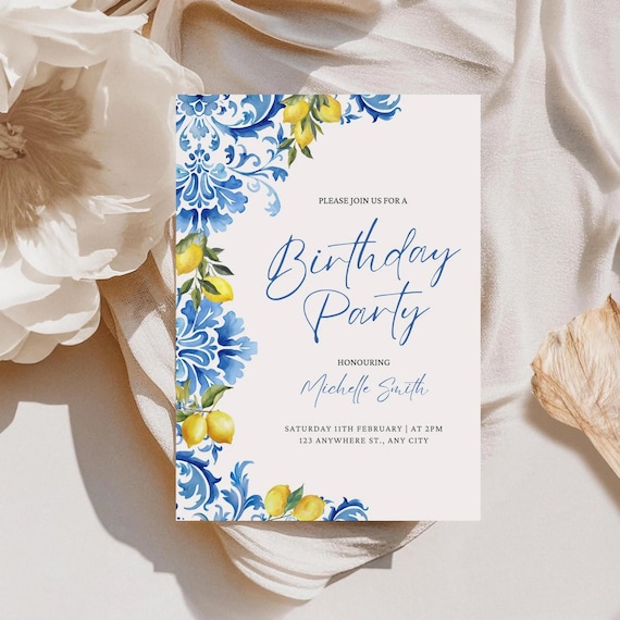 Chinoiserie Lemon Birthday Invitation Template | Blue & Yellow Amalfi Party Printable | Editable Canva Digital Invite | Citrus Summer Decor