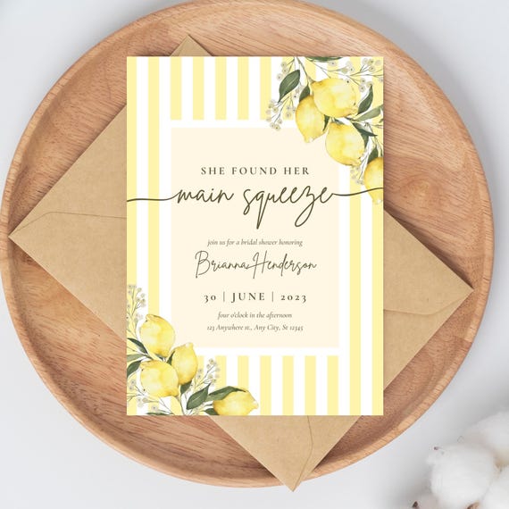 Main Squeeze Bridal Shower Invitation | Lemon Bridal Shower Invite | Editable Canva Template | Yellow Theme Bridal Shower