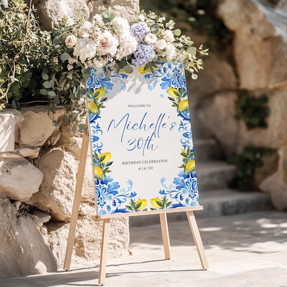 Amalficore Lemon Chinoiserie Birthday Brunch Party Welcome Sign Editable Instant Download Canva Template