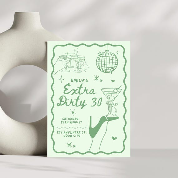 Dirty 30 Birthday Invitation Editable Canva Template | Martini Cocktail Party | Printable 30th Invite for Women, Girls Night