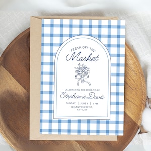 Dusty Blue Gingham Bridal Shower Invitation: Farmers Market Theme (Canva Template)
