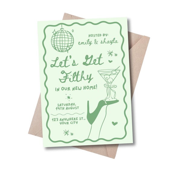 Dirty Martini Housewarming Invitation, Let's Get Filthy New Home Party Invite, Editable Canva Template, Printable Cocktail Theme Download