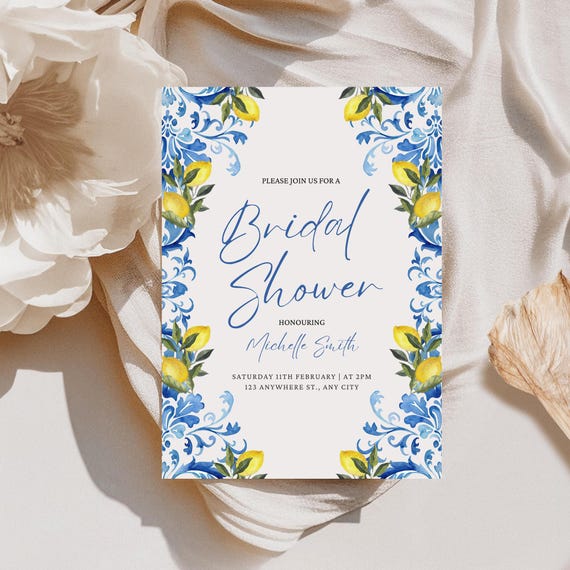 Chinoiserie Lemon Bridal Shower Invitation Template | Blue & Yellow Amalfi Party Printable | Editable Canva Digital Invite | Citrus Summer