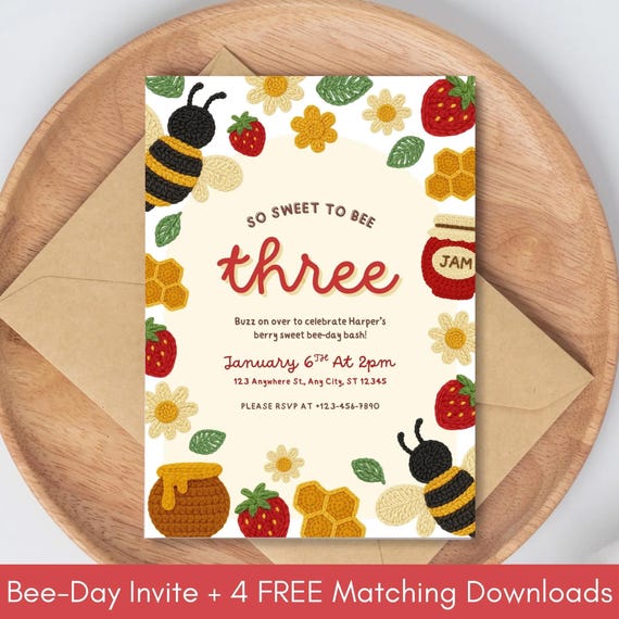 Honey and Berry Sweet Bee Theme Birthday Bundle - Editable Canva Templates | Party Pack for Girls | Printable Bee & Strawberry Invite Set
