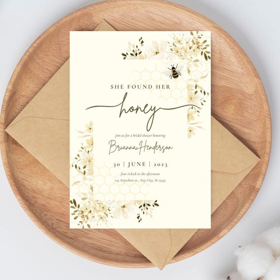 She Found Her Honey Bridal Shower Invitation Printable Canva Template | Bride to Bee Invite | Floral Bee Themed Bridal Brunch