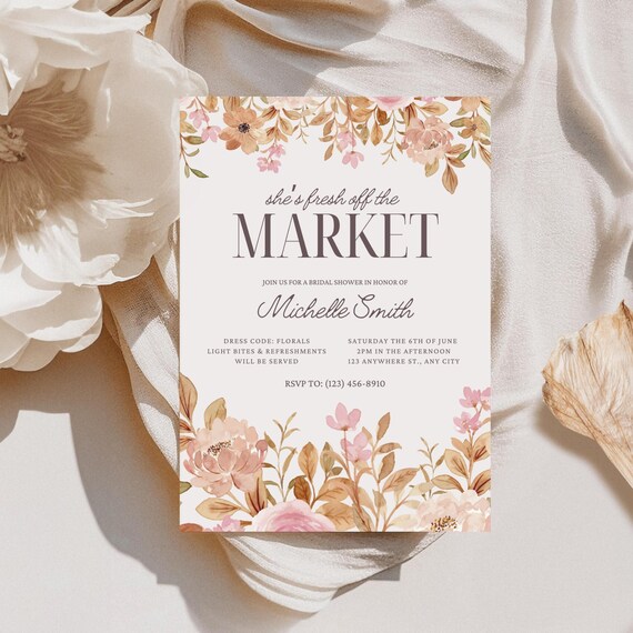 Fresh Off the Market Bridal Shower Invitation – Canva Template Digital Download - Printable or Digital Invitation