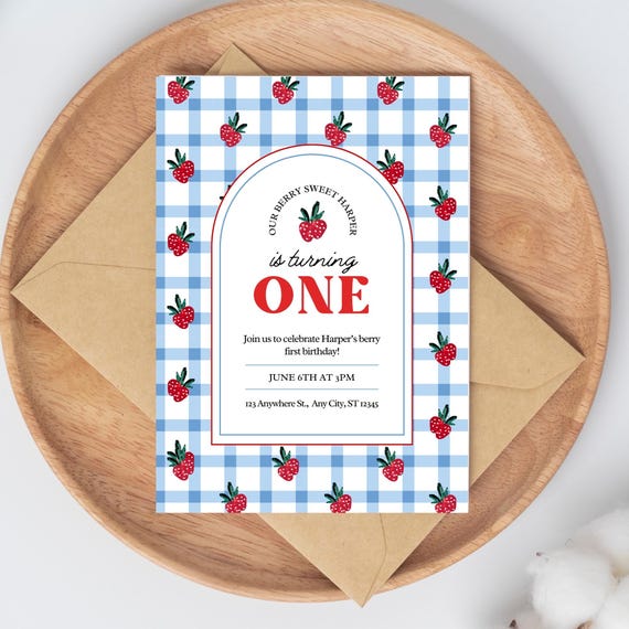 Berry First Birthday Invitation Template, Strawberry Theme 1st Birthday Invite, Berry Sweet Party, Editable Canva Digital Download