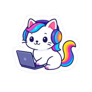 Cute Cat Gamer Sticker, Colorful Pet Sticker for Laptop, Phone, Water Bottle, Great Gift for Cat Lovers, Kids, & Gamers
