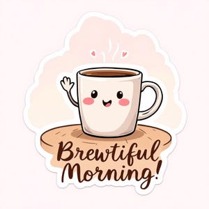 Brewtiful Morning Coffee Sticker – Cute Kawaii Coffee Cup Vinyl Sticker, Café Lover Laptop & Water Bottle Decal