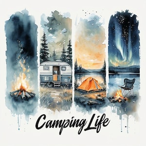Sticker Camping Life – aquarel vinylsticker kampvuur, tent en natuurscène – avontuurlijk esthetische vormgeving voor laptops, koelers, tijdschriften