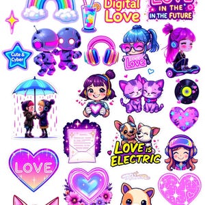 Cute Cyberpunk Love Sticker Sheet Kawaii Robot, Rainbow, and Heart Stickers – Tech Aesthetic Vinyl Stickers for Laptops, Journals, and Gifts