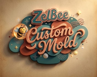May include: A three-dimensional logo design featuring the text ZelBee Custom Mold in a stylized font. The graphic includes a cartoon bee inside a circular bubble, set against layered teal and terracotta shapes with small star and dot accents.
