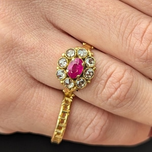 Vintage 18K Yellow Gold Ruby Ring: Rose Cut Diamond Halo