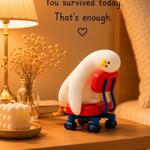 K&ouml;nnte beinhalten: Eine wei&szlig;e, abgerundete vogelartige Figur mit gelbem Schnabel, die auf einem kleinen roten und blauen B&uuml;rostuhl mit Rollen sitzt. &Uuml;ber der Figur steht der Text: You survived today. That's enough. Darunter befindet sich ein kleines schwarzes Herz.