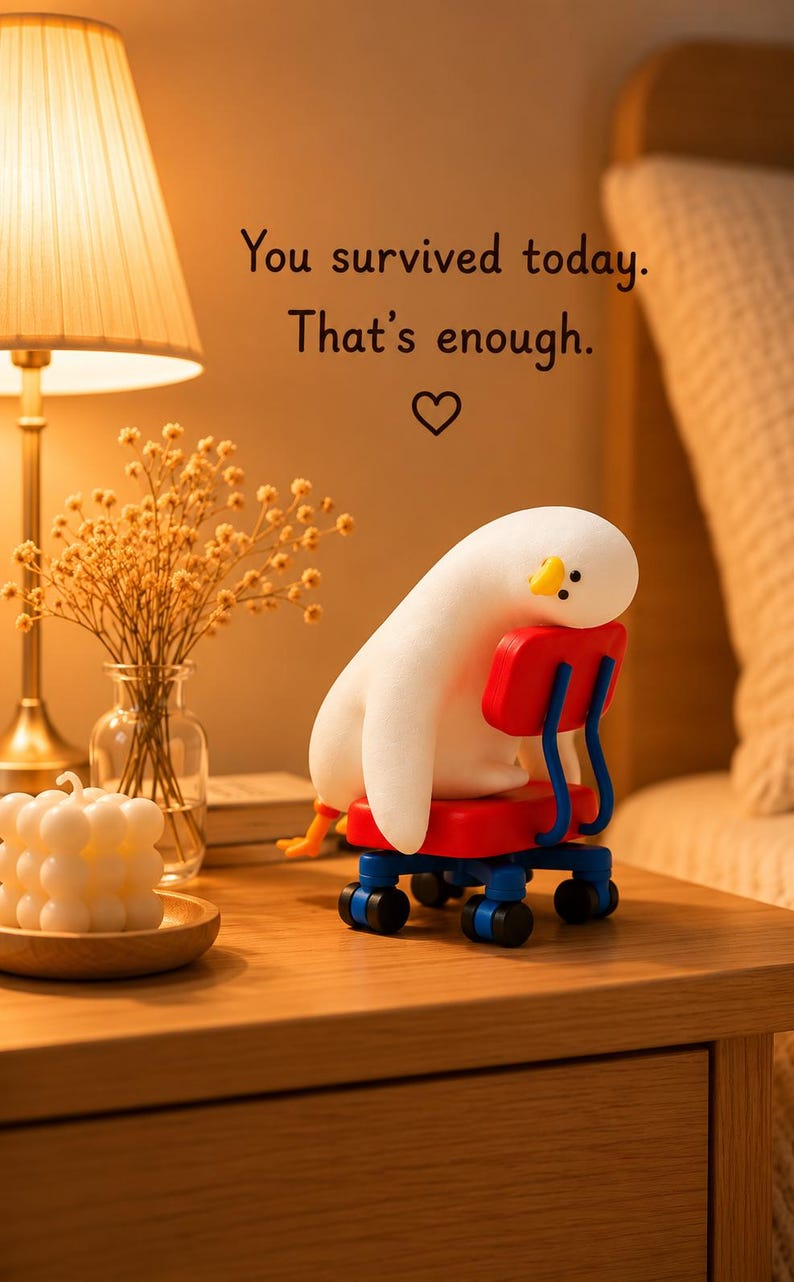 K&ouml;nnte beinhalten: Eine wei&szlig;e, abgerundete vogelartige Figur mit gelbem Schnabel, die auf einem kleinen roten und blauen B&uuml;rostuhl mit Rollen sitzt. &Uuml;ber der Figur steht der Text: You survived today. That's enough. Darunter befindet sich ein kleines schwarzes Herz.
