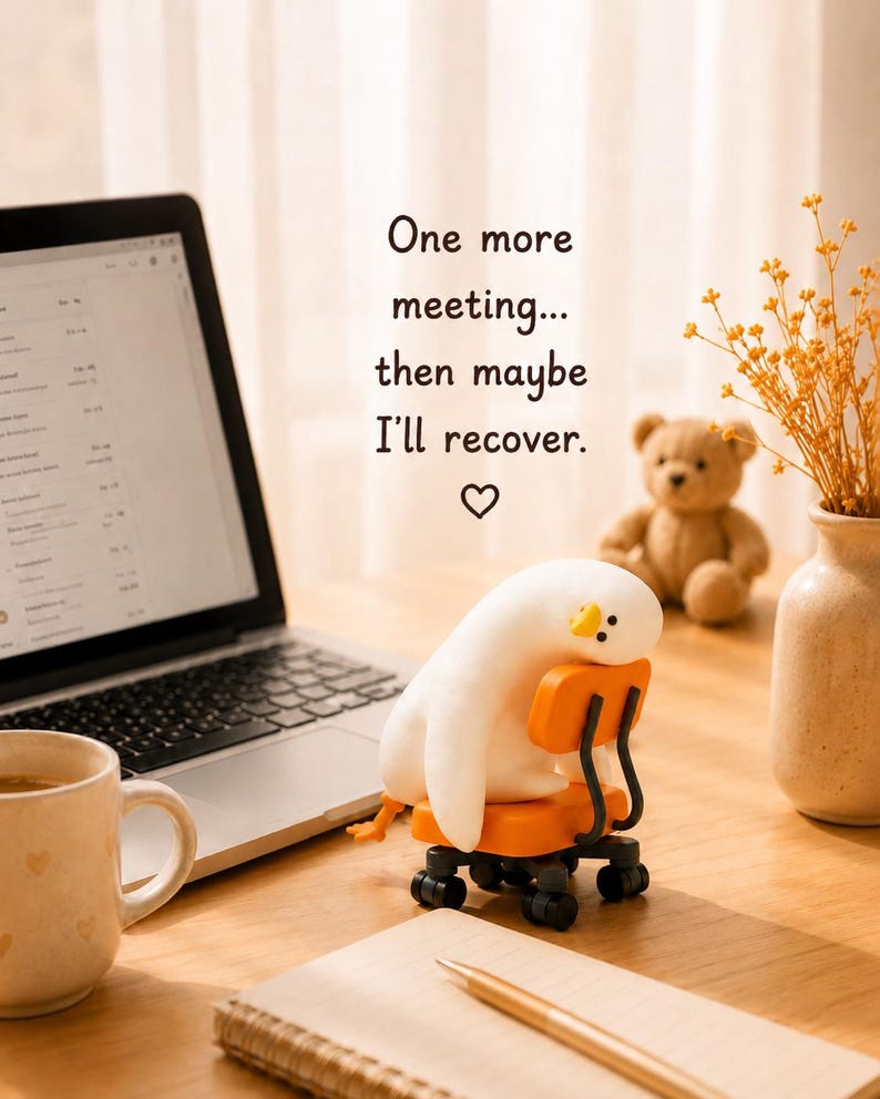 K&ouml;nnte beinhalten: Eine wei&szlig;e Pl&uuml;schente, die zusammengesunken auf einem orangefarbenen Miniatur-B&uuml;rostuhl mit schwarzen Rollen sitzt. Der Text lautet: One more meeting... then maybe I'll recover. Ein Herzsymbol befindet sich unter dem Text auf einer Holzoberfl&auml;che.