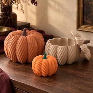 May include: Three pumpkin-shaped containers with ribbed textures. One is a large terracotta-coloured pumpkin with a brown stem, one is a smaller bright orange pumpkin with a green stem, and one is a beige pumpkin with its lid removed and a brown stem.