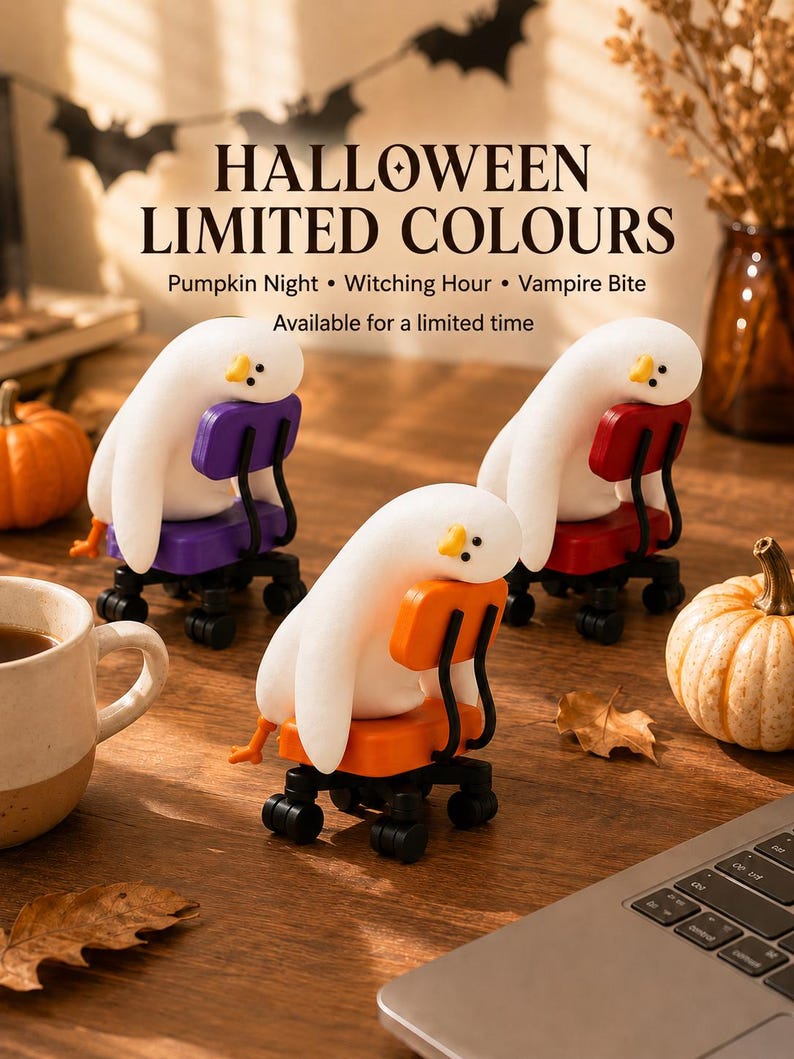 K&ouml;nnte beinhalten: Drei wei&szlig;e Geisterfiguren mit gelben Schn&auml;beln sitzen auf Miniatur-B&uuml;rost&uuml;hlen in Lila, Orange und Rot. Der Text lautet: HALLOWEEN LIMITED COLOURS, Pumpkin Night, Witching Hour, Vampire Bite, Available for a limited time.