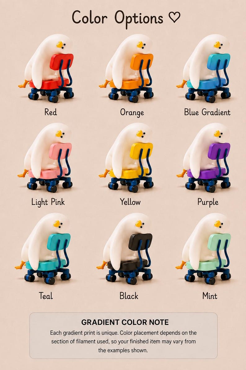 K&ouml;nnte beinhalten: Ein Raster aus neun Figuren, die eine wei&szlig;e, enten&auml;hnliche Figur auf einem kleinen B&uuml;rostuhl zeigen. Die St&uuml;hle sind in Rot, Orange, Blauverlauf, Hellrosa, Gelb, Lila, T&uuml;rkis, Schwarz und Mint erh&auml;ltlich. Der Text lautet Color Options.