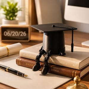 May include: A black graduation cap with a tassel sits atop a small, articulated black figure with jointed legs and feet. The figure is positioned on top of two stacked books, one beige and one brown, resting on a desk with a fountain pen.