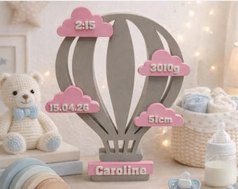 Globo aerostático personalizado con datos de nacimiento del bebé / Regalo personalizado para recién nacido impreso en 3D / Recuerdo con nombre, fecha, peso y altura