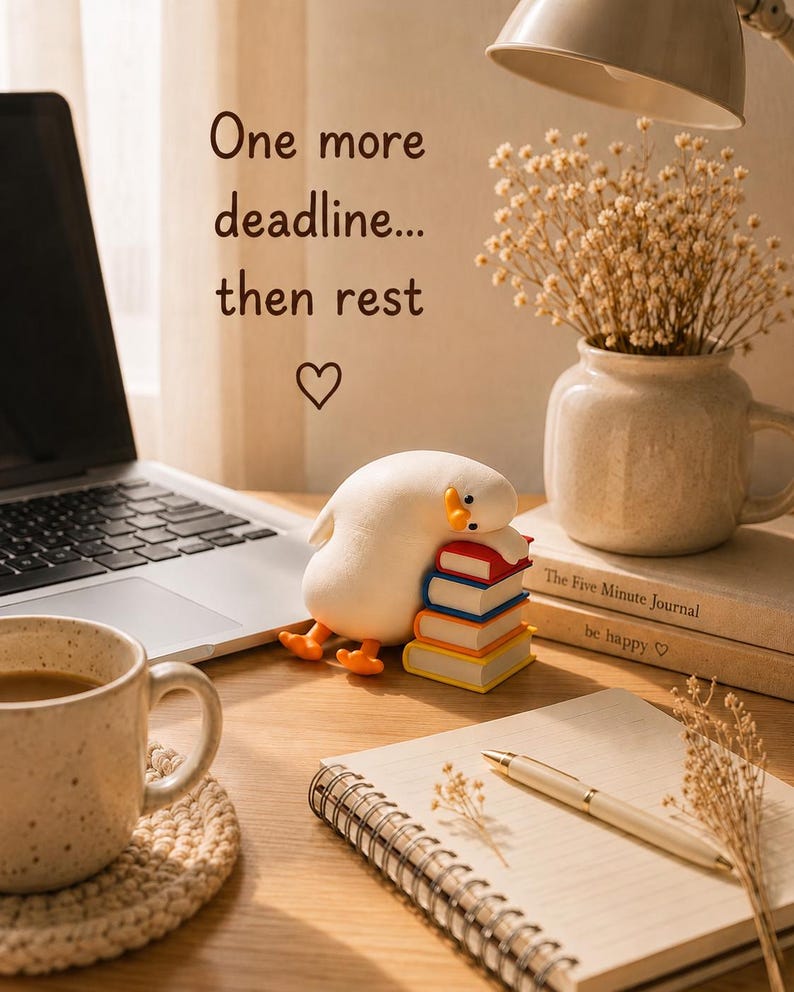 Puede incluir: Una peque&ntilde;a figura de pato blanco descansando sobre una pila de cuatro libros coloridos. El texto superior dice One more deadline... then rest con un s&iacute;mbolo de coraz&oacute;n. La escena incluye un port&aacute;til, una taza, un cuaderno, un bol&iacute;grafo y un florero.