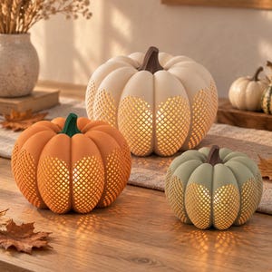 May include: Three decorative pumpkin-shaped lanterns in cream, orange, and sage green. Each pumpkin features a lattice-cutout pattern on its sides, allowing internal light to glow through. Each has a distinct stem in brown or green.