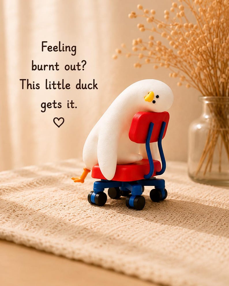 K&ouml;nnte beinhalten: Eine wei&szlig;e Entenfigur mit orangefarbenem Schnabel und F&uuml;&szlig;en, die auf einem rot-blauen B&uuml;rostuhl mit schwarzen Rollen zusammengesunken ist. Der Text lautet: Feeling burnt out? This little duck gets it. ♡