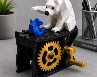 Mechanisches Eisbär-Spielzeug, Handkurbel-Automat, 3D-gedrucktes kinetisches Schreibtischspielzeug, einzigartiges Bürogeschenk