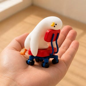 K&ouml;nnte beinhalten: Eine kleine wei&szlig;e Vogelfigur mit gelbem Schnabel und schwarzen Augen, die in einem roten Miniatur-B&uuml;rostuhl mit blauen Armlehnen und einem blauen Fu&szlig;kreuz mit f&uuml;nf schwarzen Rollen sitzt, wobei die orangefarbenen F&uuml;&szlig;e hinten sichtbar sind.
