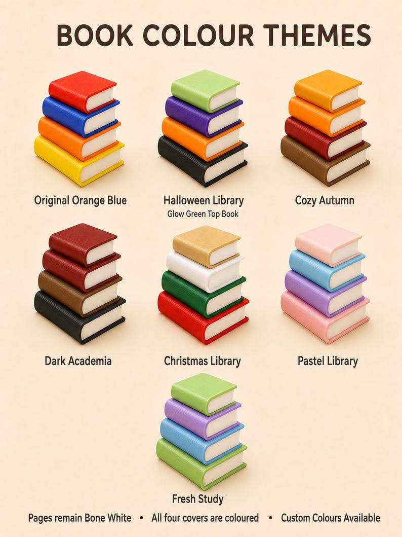Puede incluir: Siete pilas de cuatro libros en miniatura con p&aacute;ginas de color blanco hueso y cubiertas de colores, etiquetadas con temas que incluyen Original Orange Blue, Halloween Library, Cozy Autumn, Dark Academia, Christmas Library, Pastel Library y Fresh Study.