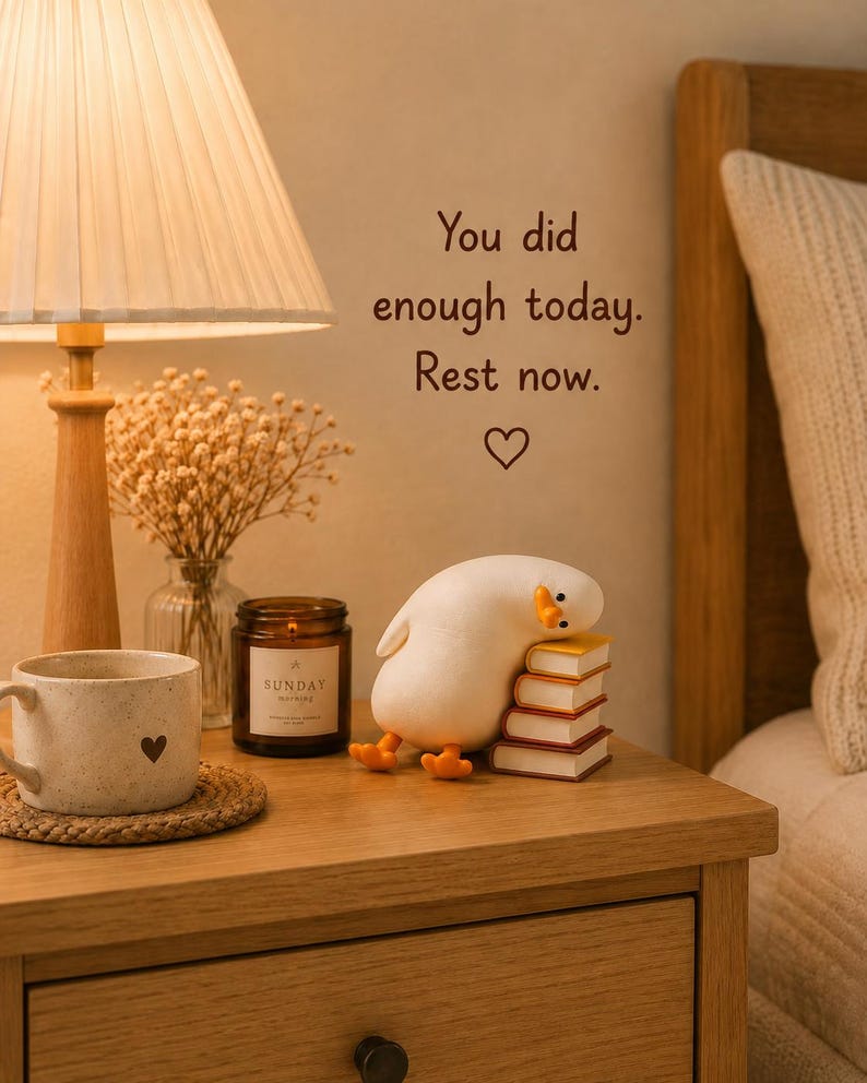 Puede incluir: Una figura de pato blanco apoyando la cabeza sobre una pila de cuatro libros peque&ntilde;os, junto a una vela marr&oacute;n, una taza moteada con un coraz&oacute;n y un florero con flores secas. La pared muestra el texto: You did enough today. Rest now. con un coraz&oacute;n.