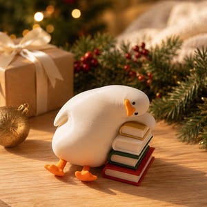 Puede incluir: Una figura de pato blanco con pico y patas naranjas, apoyando su cabeza contra una peque&ntilde;a pila de cuatro libros. Los libros son de color dorado, blanco, verde y rojo, y el pato est&aacute; colocado sobre una superficie de madera clara.