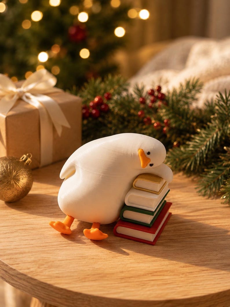 Puede incluir: Una figura de pato blanco con pico y patas naranjas, apoyando su cabeza contra una peque&ntilde;a pila de cuatro libros. Los libros son de color dorado, blanco, verde y rojo, y el pato est&aacute; colocado sobre una superficie de madera clara.