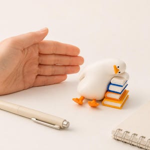 Puede incluir: Una peque&ntilde;a figura de pato blanco con pico y patas naranjas, apoyando la cabeza sobre una pila de tres libros en miniatura con lomos azul, naranja y amarillo. El pato est&aacute; colocado junto a un bol&iacute;grafo beige y un cuaderno de espiral.
