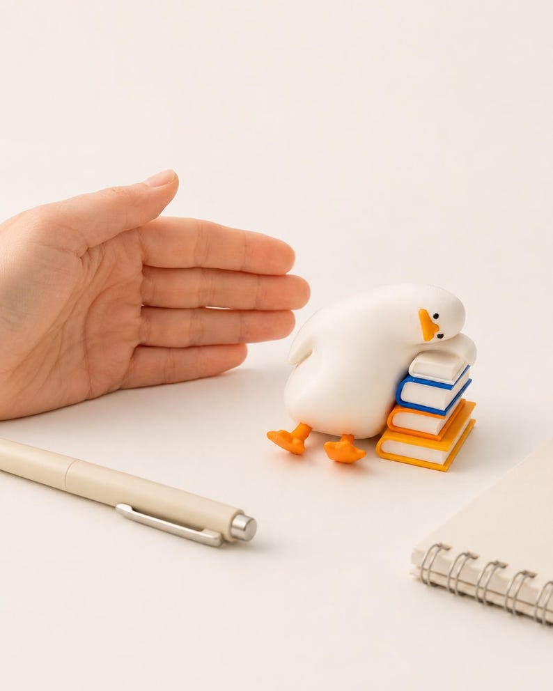 Puede incluir: Una peque&ntilde;a figura de pato blanco con pico y patas naranjas, apoyando la cabeza sobre una pila de tres libros en miniatura con lomos azul, naranja y amarillo. El pato est&aacute; colocado junto a un bol&iacute;grafo beige y un cuaderno de espiral.
