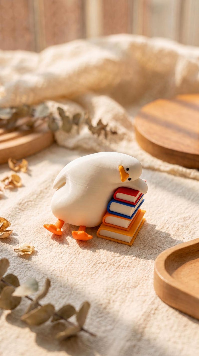 Puede incluir: Una peque&ntilde;a figura de pato blanco con patas naranjas y pico amarillo, inclinada sobre una pila de tres libros en miniatura. Los libros son de color rojo, azul y naranja, y el pato est&aacute; colocado como si estuviera apoyando su cabeza encima.