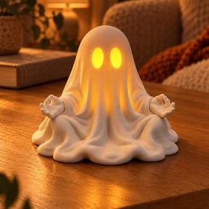 May include: A white ghost-shaped lamp with a matte finish, featuring two glowing yellow oval eyes. The ghost is depicted in a seated meditation pose with hands resting on its knees, emitting a warm, soft light from within its hollow structure.
