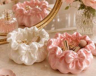 Coquette Bow Jewelry Organizer, Ruffle Vanity Bowl, Bedroom Trinket Dish