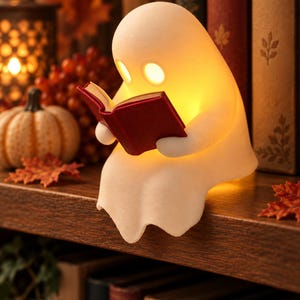 May include: A white, glowing ghost-shaped lamp sitting on a shelf, holding an open red book. The lamp features two circular cutouts for eyes that emit a warm, soft light, illuminating the figure and the pages of the small book held in its hands.