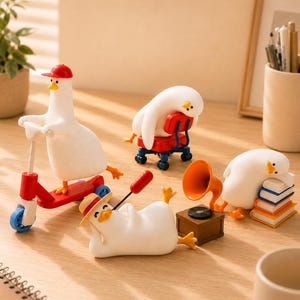 Puede incluir: Cuatro figuras de patos blancos con picos amarillos. Uno lleva una gorra roja en un patinete rojo, otro está sentado en una silla de oficina roja, uno lleva un sombrero de paja junto a un gramófono marrón y otro descansa sobre libros de colores.