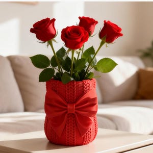 May include: A red vase with a bow design holds five red roses with green leaves. The vase has a knitted texture and sits on a light-colored table. The background includes a sofa and a pillow.