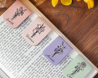 Marque-page magnétique personnalisé fleur de naissance, marque-page magnétique en cuir, marque-page personnalisé avec nom, cadeau amateur de livres pour femme, cadeau de Noël