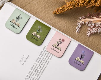 Leather Birth Flower Bookmark With Name, Custom Magnetic Bookmark With Birth Flower, Custom Name Bookmark, Birthday Gift For Book Lover