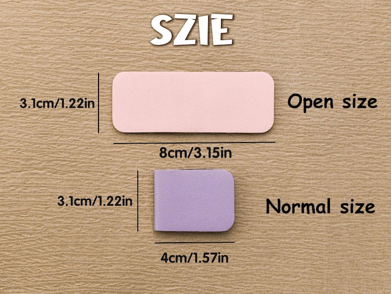 Puede incluir: Imagen que muestra la comparaci&oacute;n de tama&ntilde;o de dos formas rectangulares. La forma rosa, m&aacute;s grande, mide 8 cm de largo y la forma morada, m&aacute;s peque&ntilde;a, mide 4 cm de largo. El texto indica "Tama&ntilde;o abierto" y "Tama&ntilde;o normal". La palabra "TAMA&Ntilde;O" est&aacute; arriba.