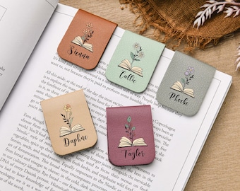 Marcapáginas de piel con flor de nacimiento y nombre, marcapáginas personalizado con nombre, marcapáginas magnético personalizado con flor de nacimiento, regalo de cumpleaños para amantes de los libros.