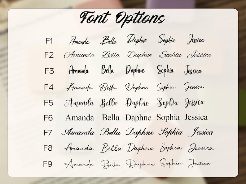 Puede incluir: Una tarjeta blanca muestra nueve opciones de fuente, cada una etiquetada de F1 a F9. Cada opci&oacute;n de fuente muestra los nombres Amanda, Bella, Daphne, Sophia y Jessica en una variedad de estilos cursivos elegantes. Las palabras "Font Options" est&aacute;n escritas en la parte superior.